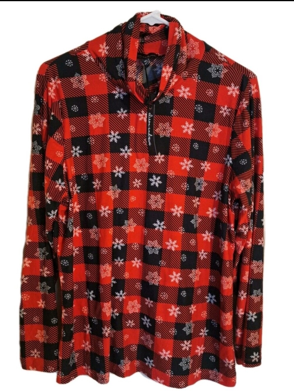 Alison Andrews Soft Black Red Plaid Snowflakes Turtleneck Shirt NEW Size XL